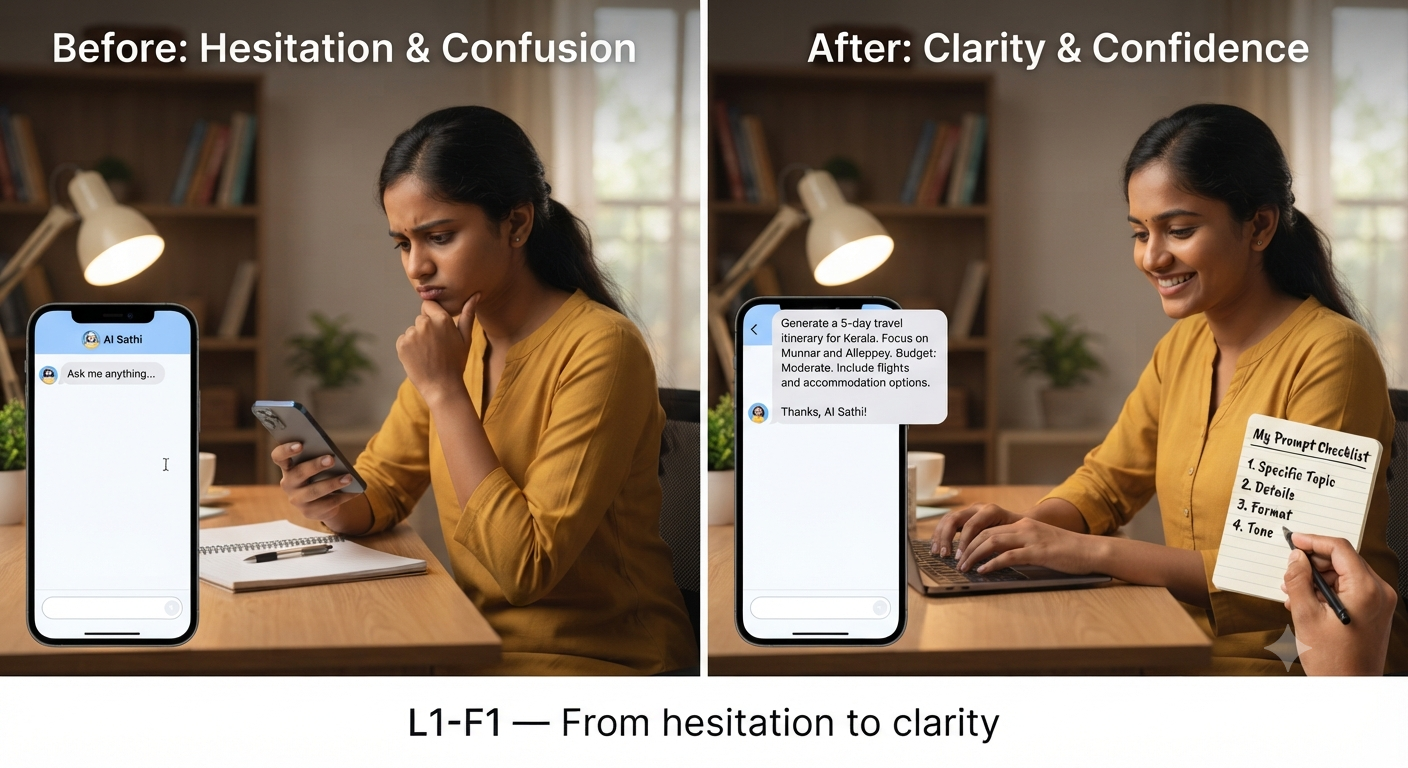 Before and after: the same young woman hesitates at a blank AI chat, then confidently enters a clear request using her checklist