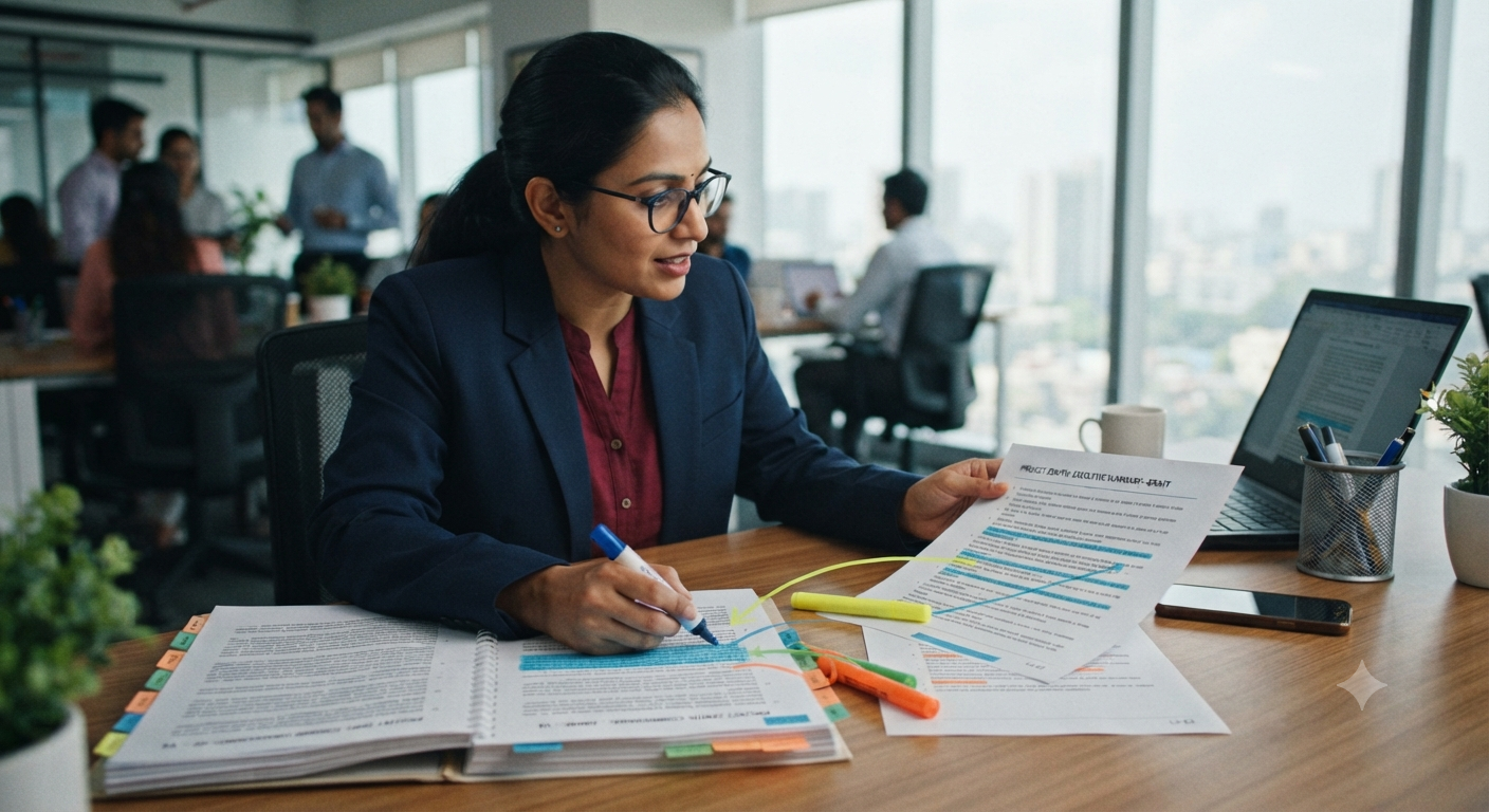 A professional compares a printed executive summary with a marked-up binder, highlighter in hand, matching lines between the two