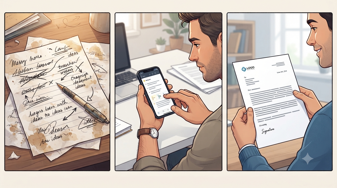 Three panels: an untidy handwritten note, a person entering purpose and facts on a smartphone, and a neatly organised letter being reviewed