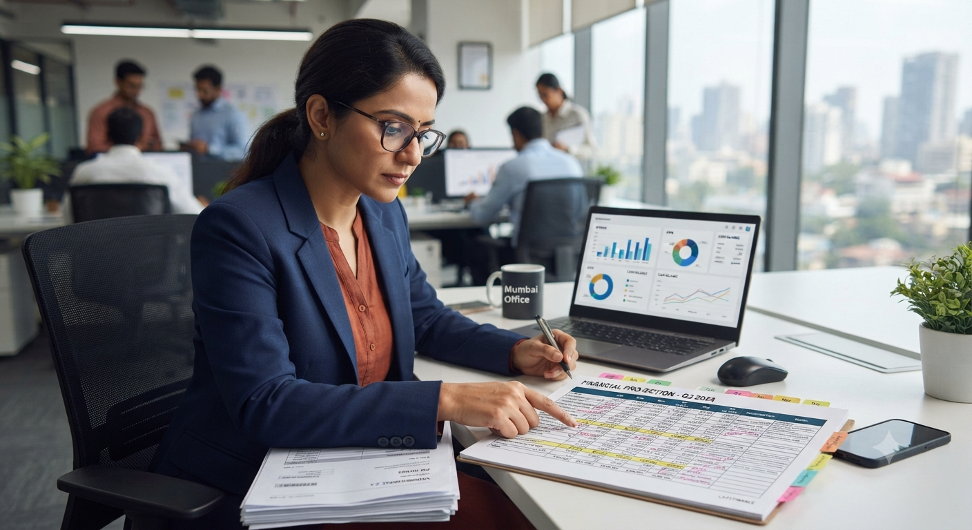 A sales professional reviews a printed proposal draft with sticky tabs beside a laptop showing dashboard charts
