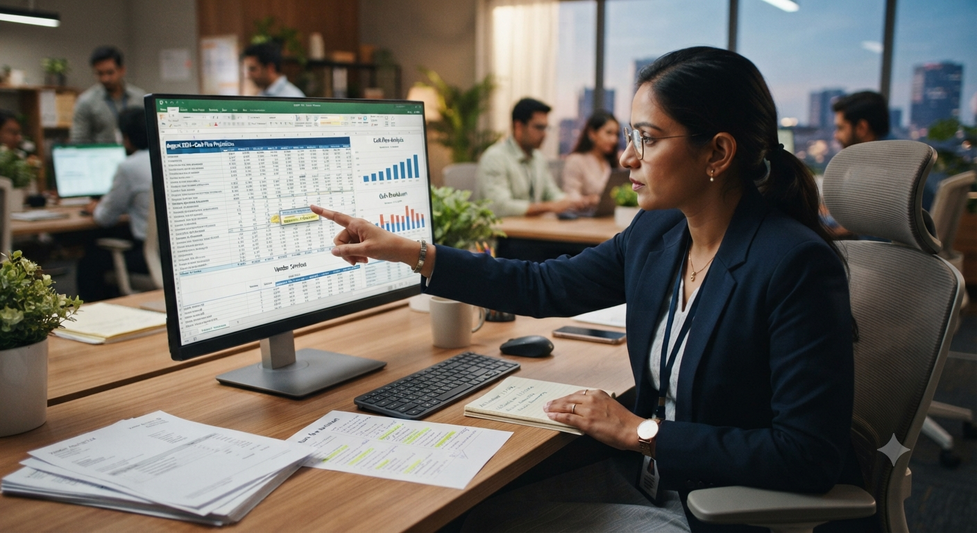 A finance professional points to an assumption on a monthly cash-flow projection on her monitor, with invoices stacked on her desk