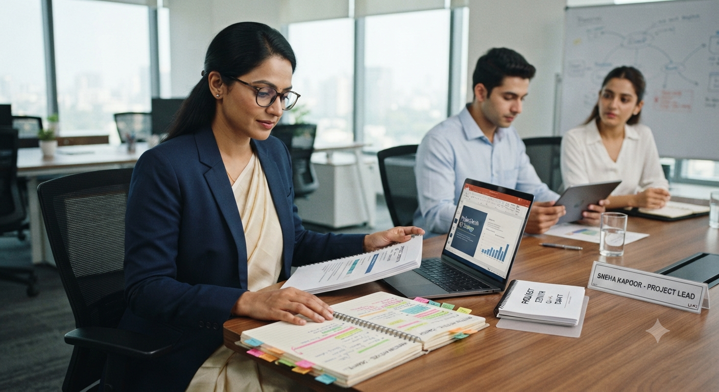 A manager in a navy blazer prepares for a meeting at a boardroom table with a laptop showing charts, a printed report and a marked-up notebook, two colleagues nearby