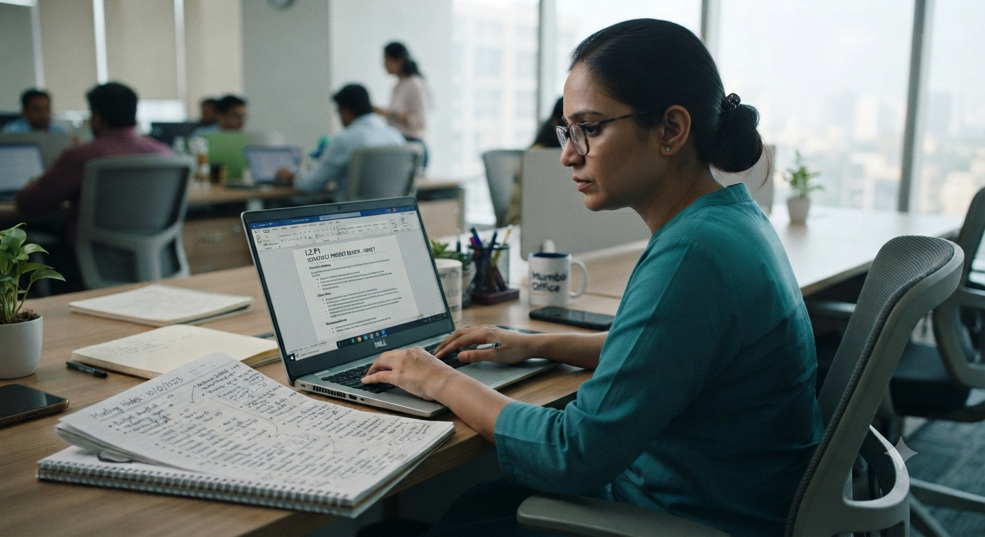 An Indian office employee at her laptop turns handwritten meeting notes into a project report draft, the source notes open beside her