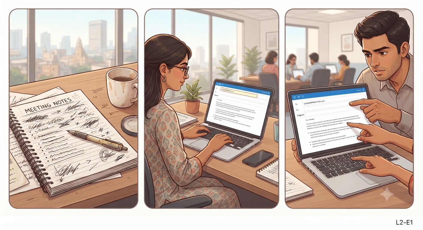 Three panels: messy meeting notes, an employee typing an email draft on a laptop, then a colleague reviewing the draft with her