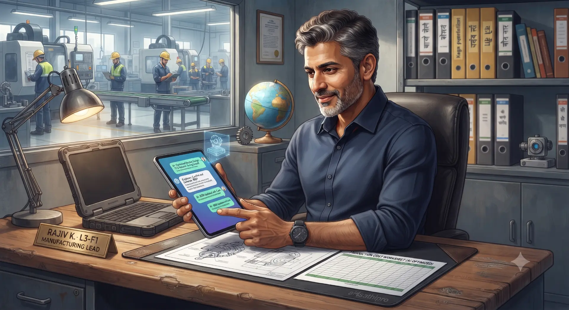 An Indian engineer in a small industrial office reviews a component drawing, material list and production-cost worksheet, a workshop visible through the glass behind him