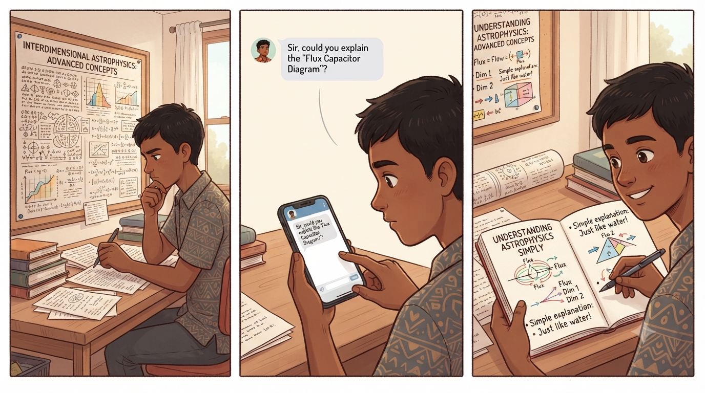 A young learner studies a dense document, asks a question on a smartphone, then reviews a simple illustrated explanation in a notebook