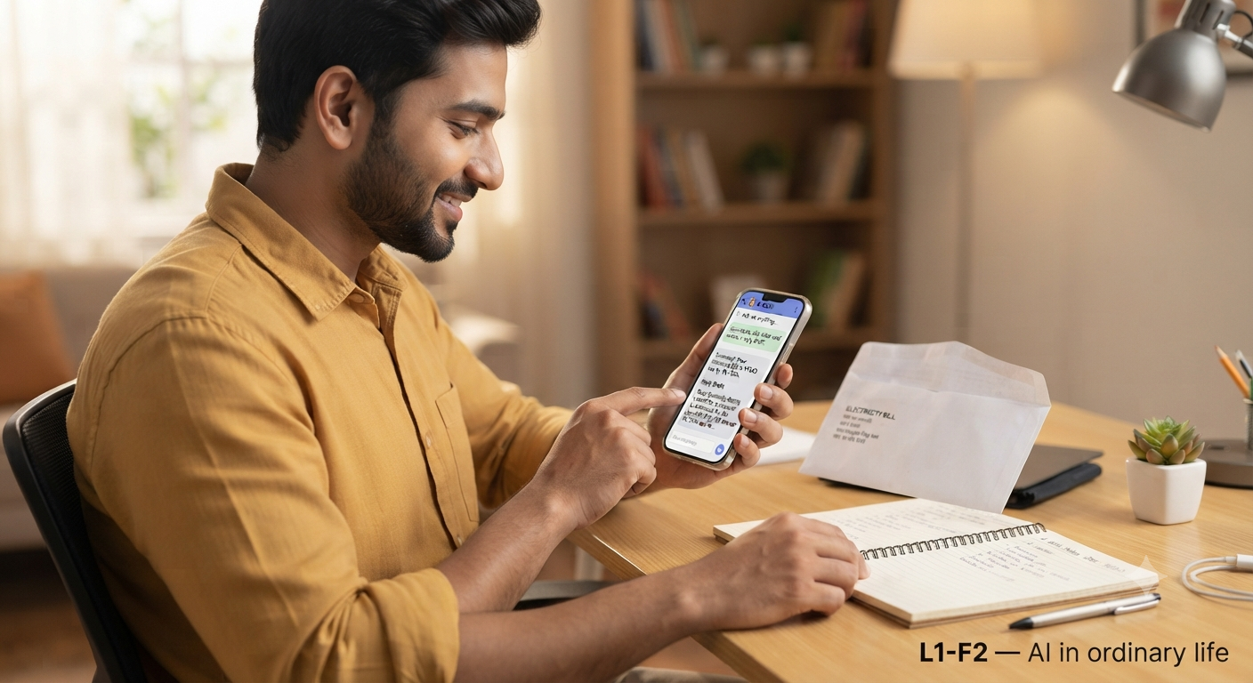 A young Indian man at a bright home desk uses his smartphone beside an ordinary letter and notebook