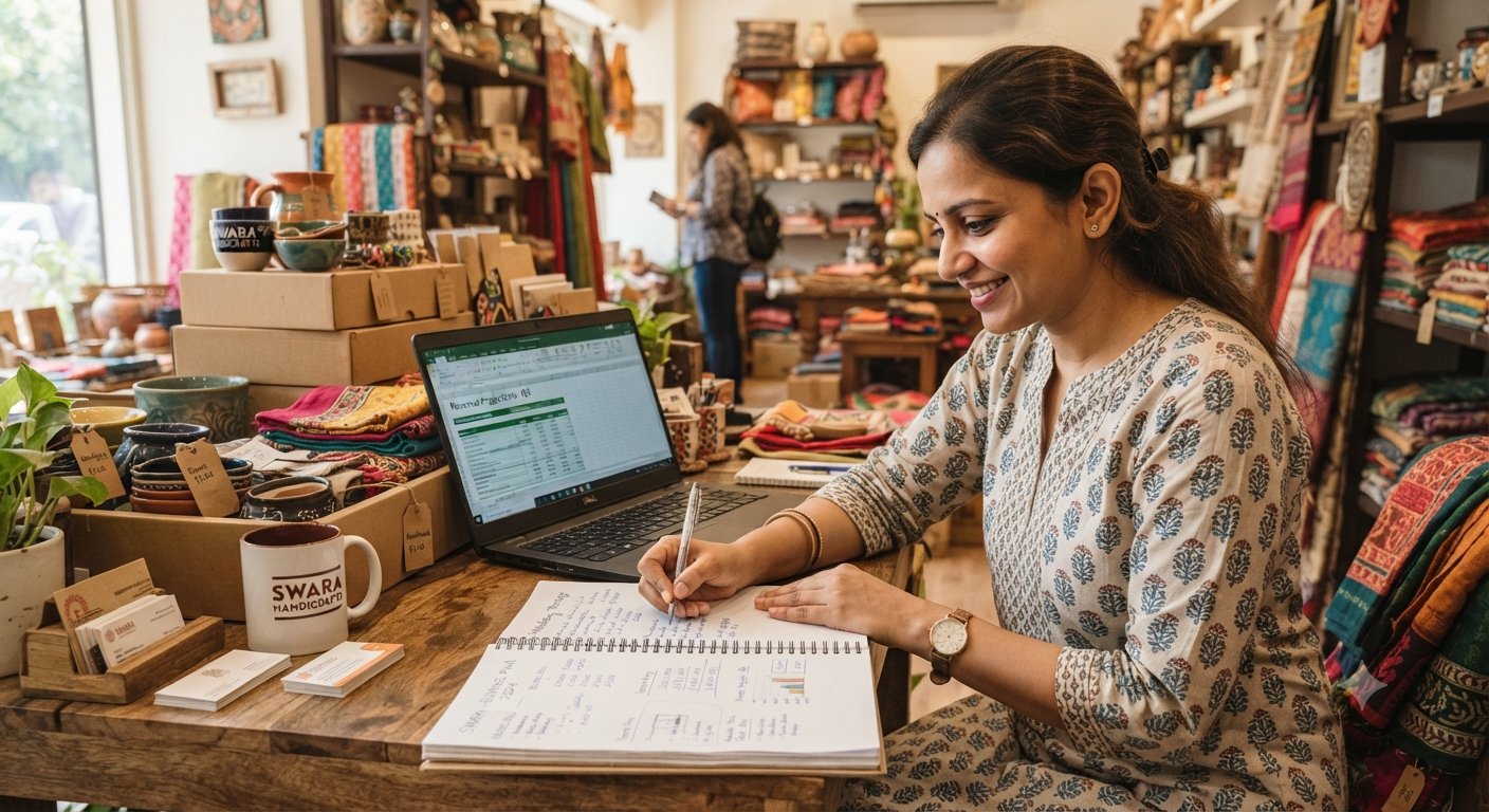 A small-business owner writes a business-plan draft in a notebook at her shop desk, with product samples and a laptop around her